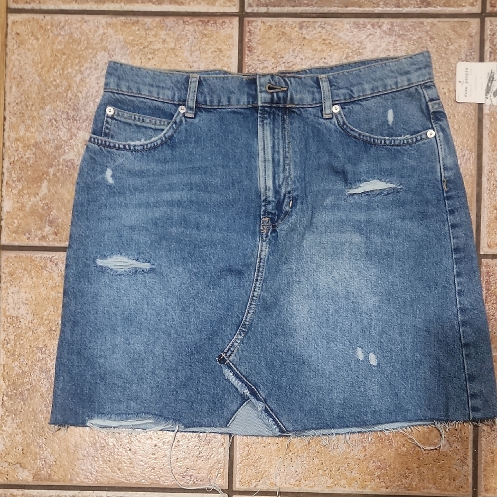 We The Free Distressed Blue Denim Mini Skirt